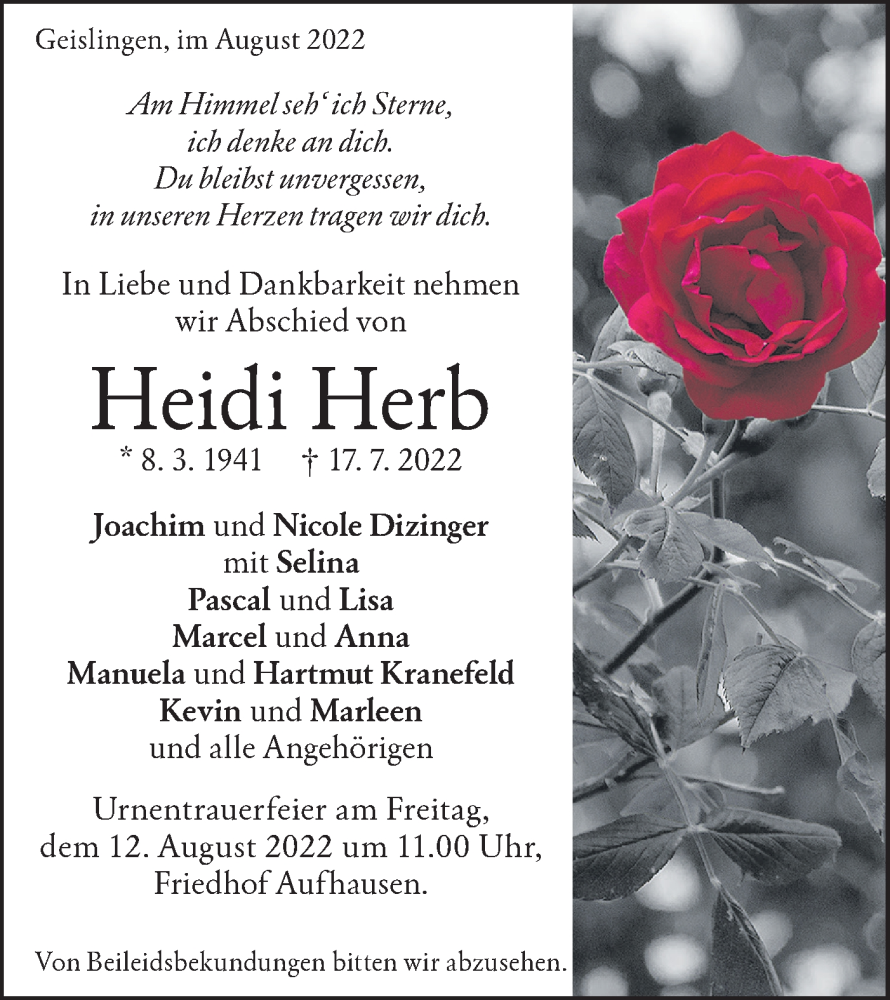  Traueranzeige für Heidi Herb vom 06.08.2022 aus Geislinger Zeitung