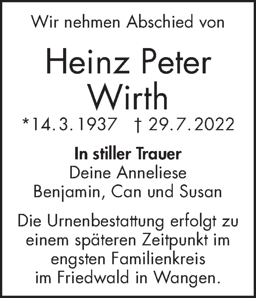  Traueranzeige für Heinz Peter Wirth vom 03.08.2022 aus NWZ Neue Württembergische Zeitung