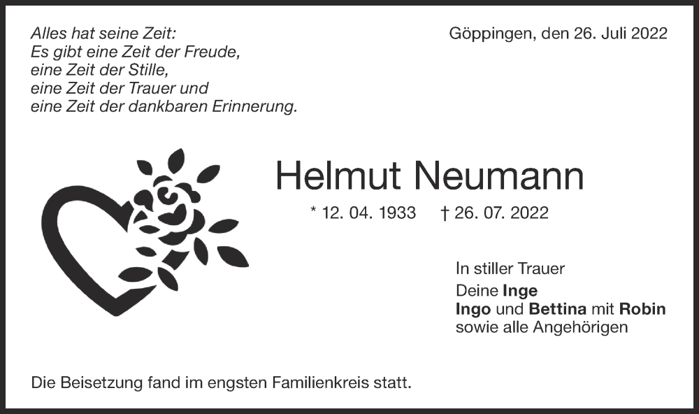  Traueranzeige für Helmut Neumann vom 06.08.2022 aus NWZ Neue Württembergische Zeitung