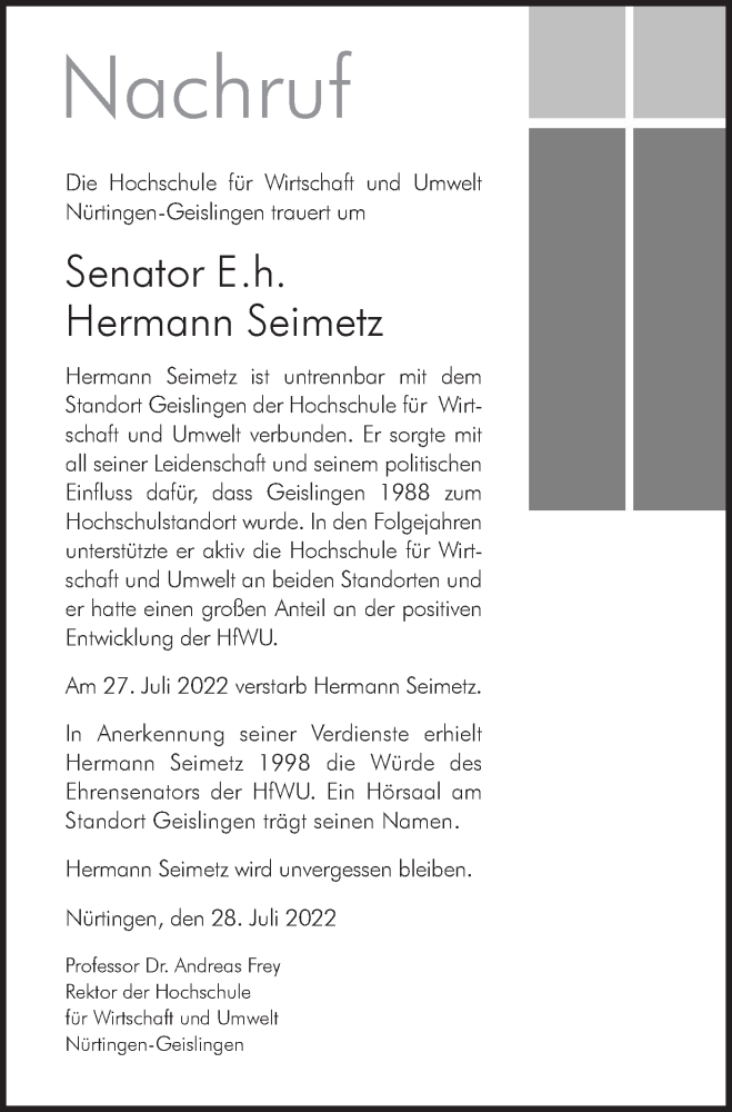  Traueranzeige für Hermann Seimetz vom 02.08.2022 aus Geislinger Zeitung