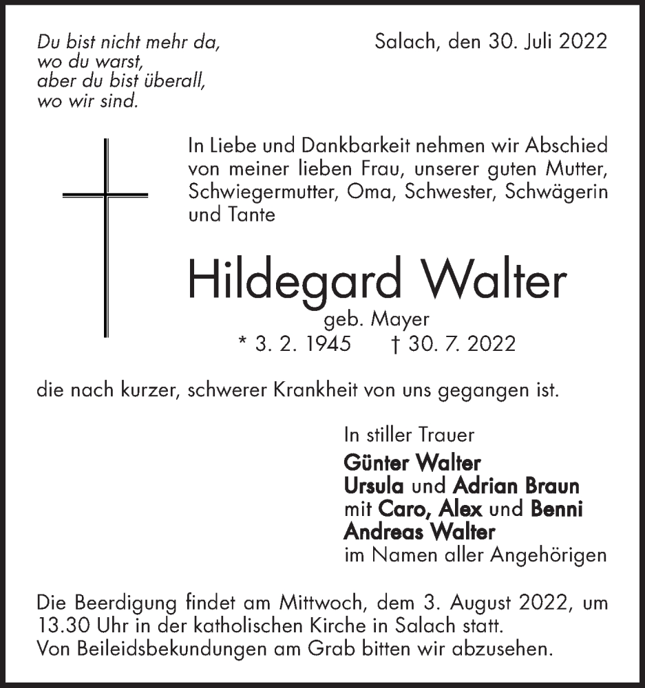  Traueranzeige für Hildegard Walter vom 02.08.2022 aus NWZ Neue Württembergische Zeitung