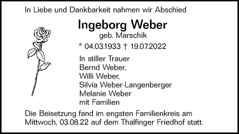  Traueranzeige für Ingeborg Weber vom 06.08.2022 aus SÜDWEST PRESSE Ausgabe Ulm/Neu-Ulm