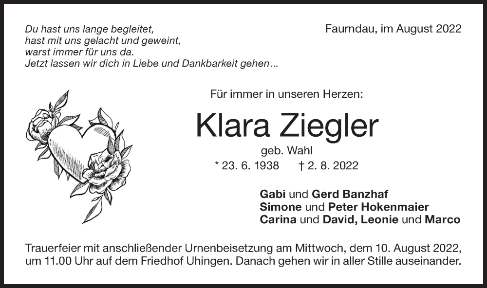  Traueranzeige für Klara Ziegler vom 06.08.2022 aus NWZ Neue Württembergische Zeitung