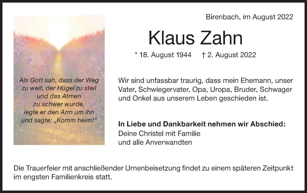  Traueranzeige für Klaus Zahn vom 06.08.2022 aus NWZ Neue Württembergische Zeitung