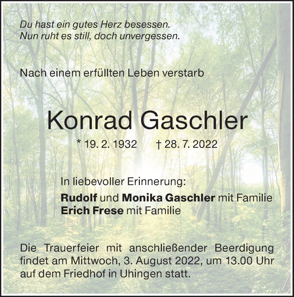  Traueranzeige für Konrad Gaschler vom 02.08.2022 aus NWZ Neue Württembergische Zeitung
