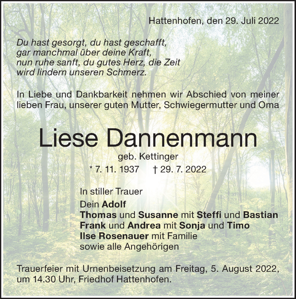  Traueranzeige für Liese Dannenmann vom 02.08.2022 aus NWZ Neue Württembergische Zeitung