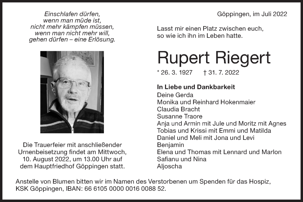  Traueranzeige für Rupert Riegert vom 06.08.2022 aus NWZ Neue Württembergische Zeitung