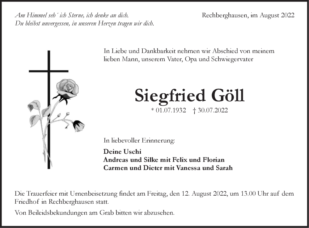  Traueranzeige für Siegfried Göll vom 06.08.2022 aus NWZ Neue Württembergische Zeitung
