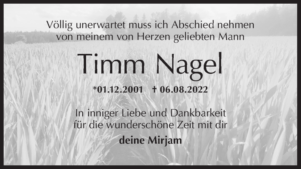  Traueranzeige für Timm Nagel vom 13.08.2022 aus Haller Tagblatt