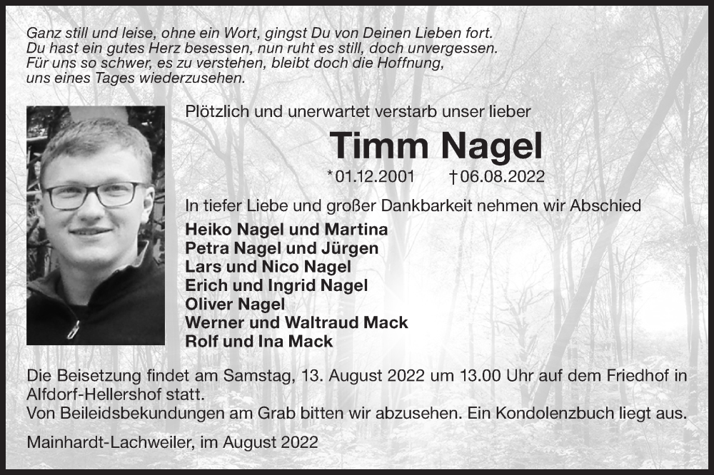  Traueranzeige für Timm Nagel vom 12.08.2022 aus Haller Tagblatt