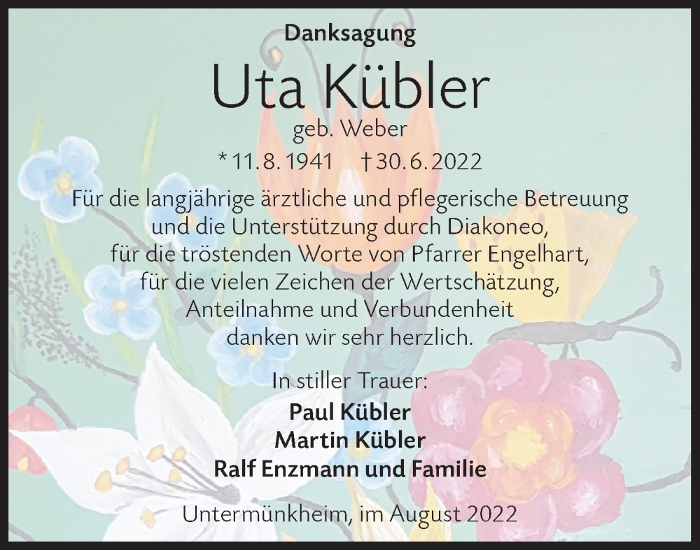  Traueranzeige für Uta Kübler vom 06.08.2022 aus Haller Tagblatt
