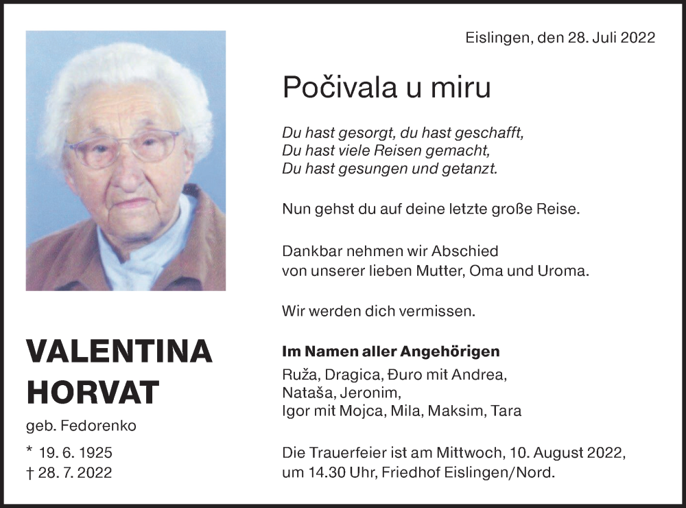  Traueranzeige für Valentina Horvat vom 06.08.2022 aus NWZ Neue Württembergische Zeitung