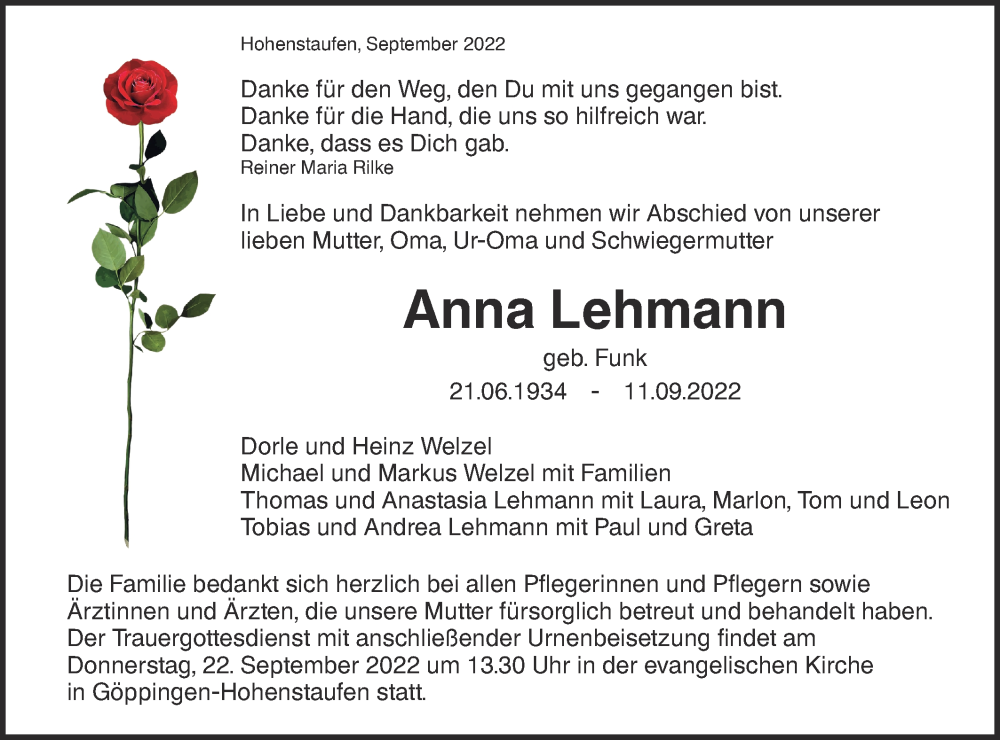  Traueranzeige für Anna Lehmann vom 17.09.2022 aus NWZ Neue Württembergische Zeitung
