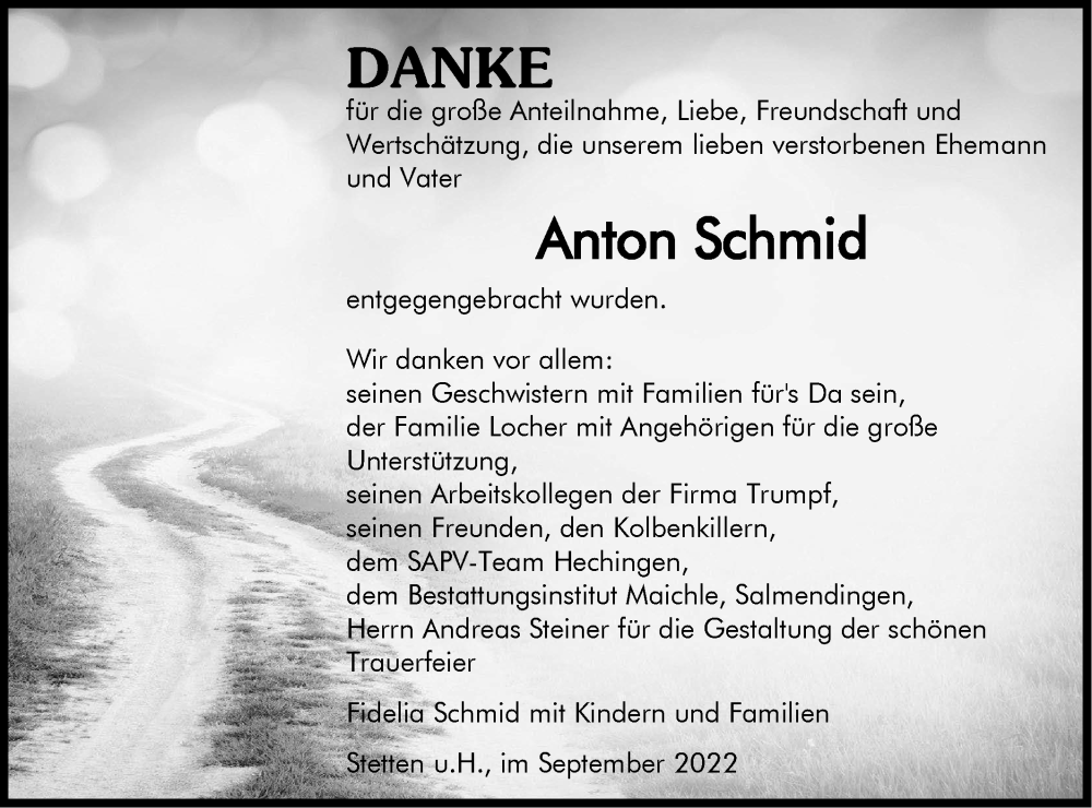  Traueranzeige für Anton Schmid vom 23.09.2022 aus Metzinger-Uracher Volksblatt