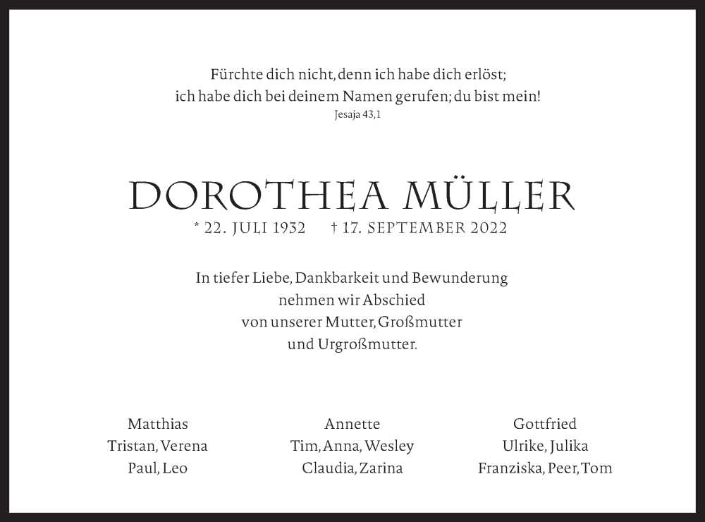  Traueranzeige für Dorothea  Müller vom 20.09.2022 aus NWZ Neue Württembergische Zeitung