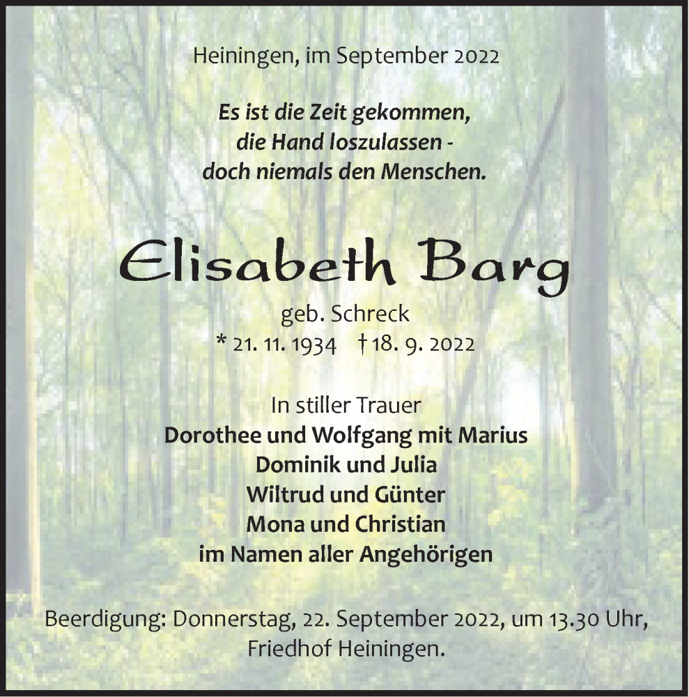  Traueranzeige für Elisabeth Barg vom 20.09.2022 aus NWZ Neue Württembergische Zeitung