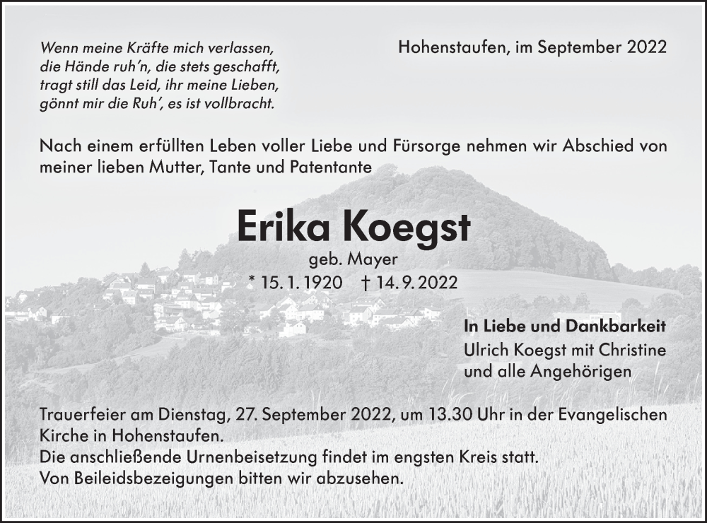  Traueranzeige für Erika Koegst vom 22.09.2022 aus NWZ Neue Württembergische Zeitung