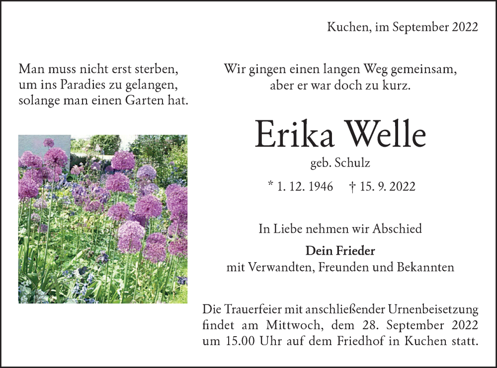  Traueranzeige für Erika Welle vom 23.09.2022 aus Geislinger Zeitung