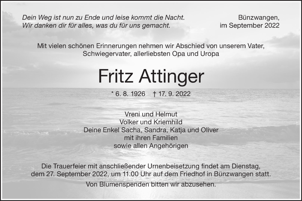  Traueranzeige für Fritz Attinger vom 23.09.2022 aus NWZ Neue Württembergische Zeitung