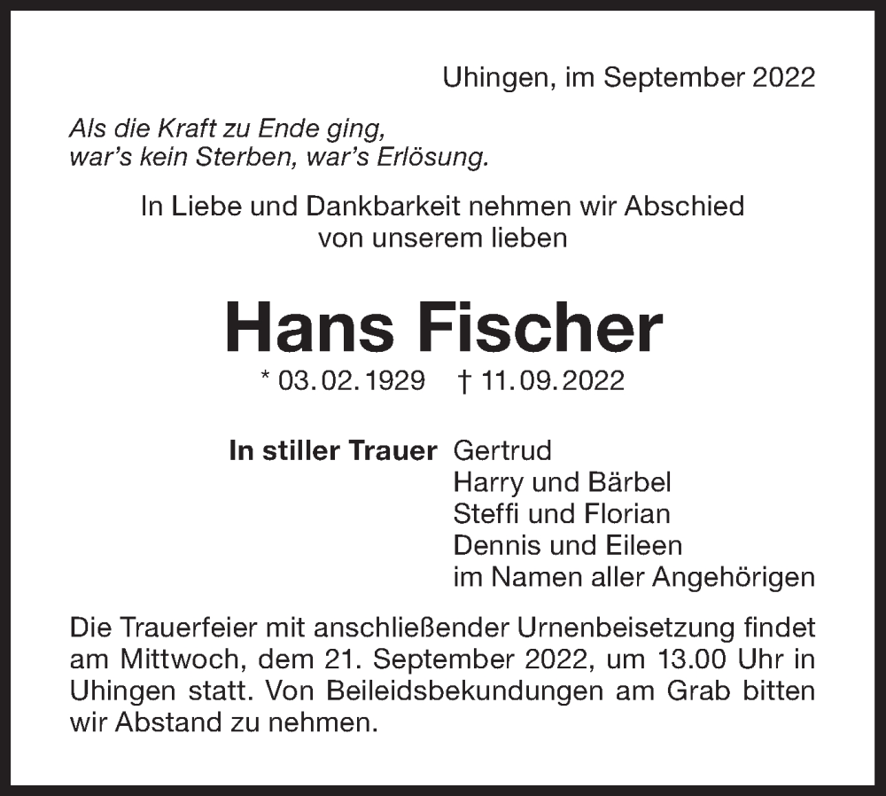  Traueranzeige für Hans Fischer vom 17.09.2022 aus NWZ Neue Württembergische Zeitung