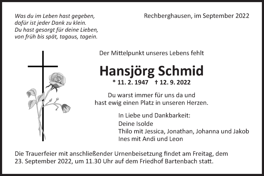  Traueranzeige für Hansjörg Schmid vom 17.09.2022 aus NWZ Neue Württembergische Zeitung