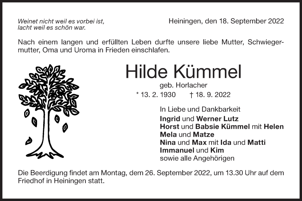  Traueranzeige für Hilde Kümmel vom 21.09.2022 aus NWZ Neue Württembergische Zeitung