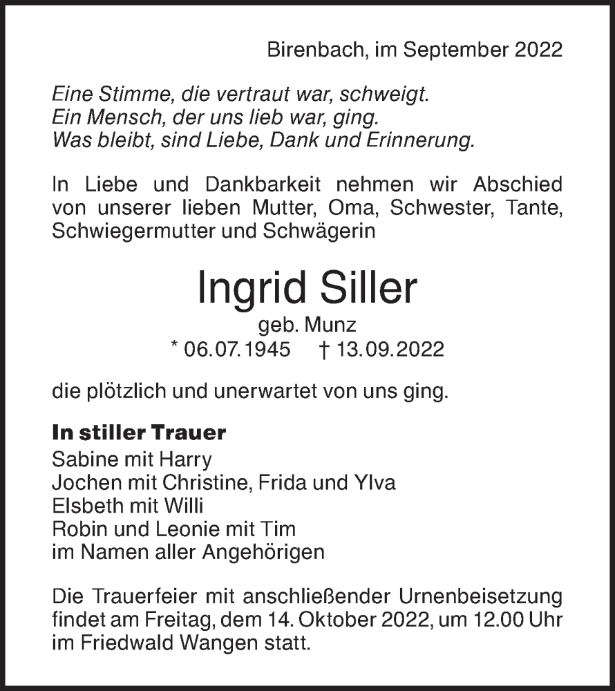  Traueranzeige für Ingrid Siller vom 22.09.2022 aus NWZ Neue Württembergische Zeitung