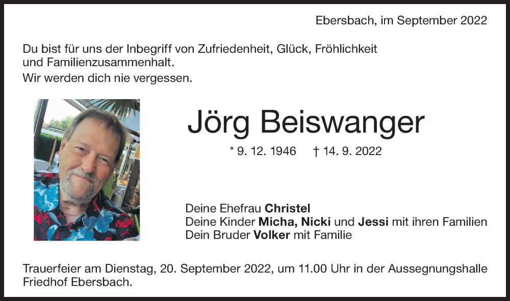  Traueranzeige für Jörg Beiswanger vom 17.09.2022 aus NWZ Neue Württembergische Zeitung