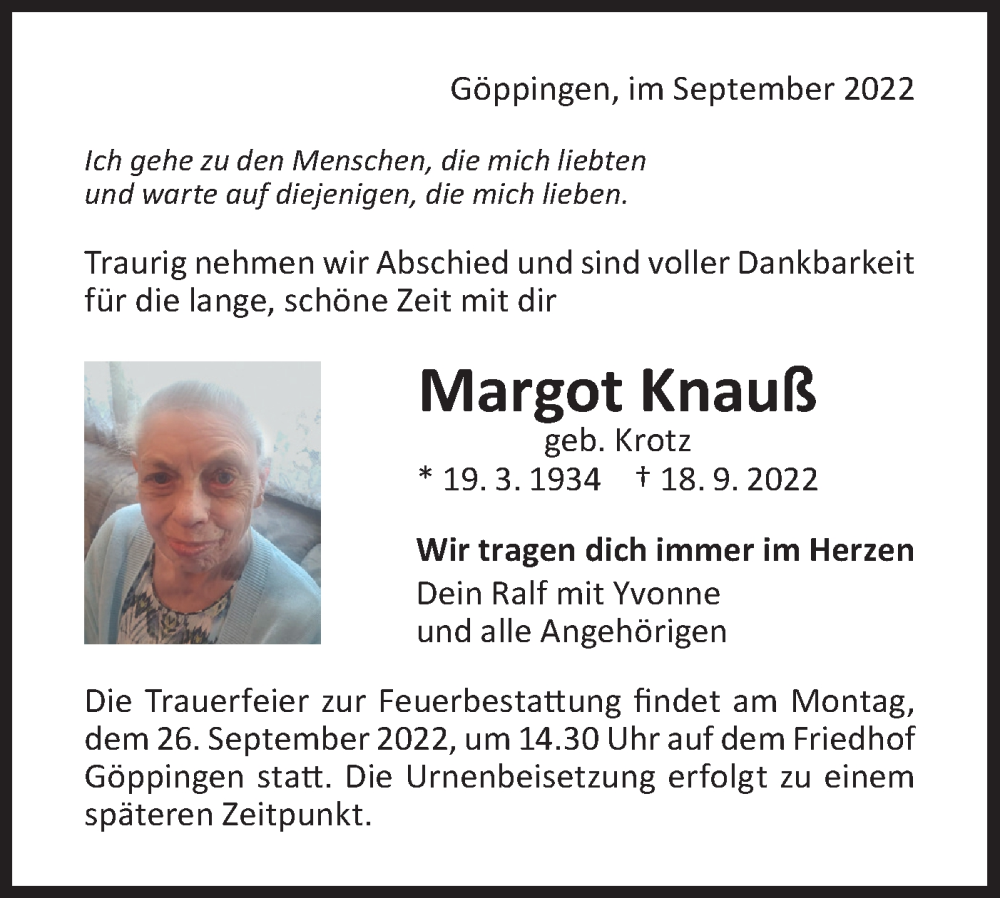  Traueranzeige für Margot Knauß vom 23.09.2022 aus NWZ Neue Württembergische Zeitung