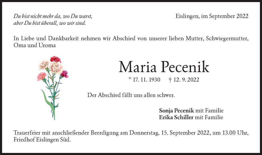  Traueranzeige für Maria Pecenik vom 14.09.2022 aus NWZ Neue Württembergische Zeitung