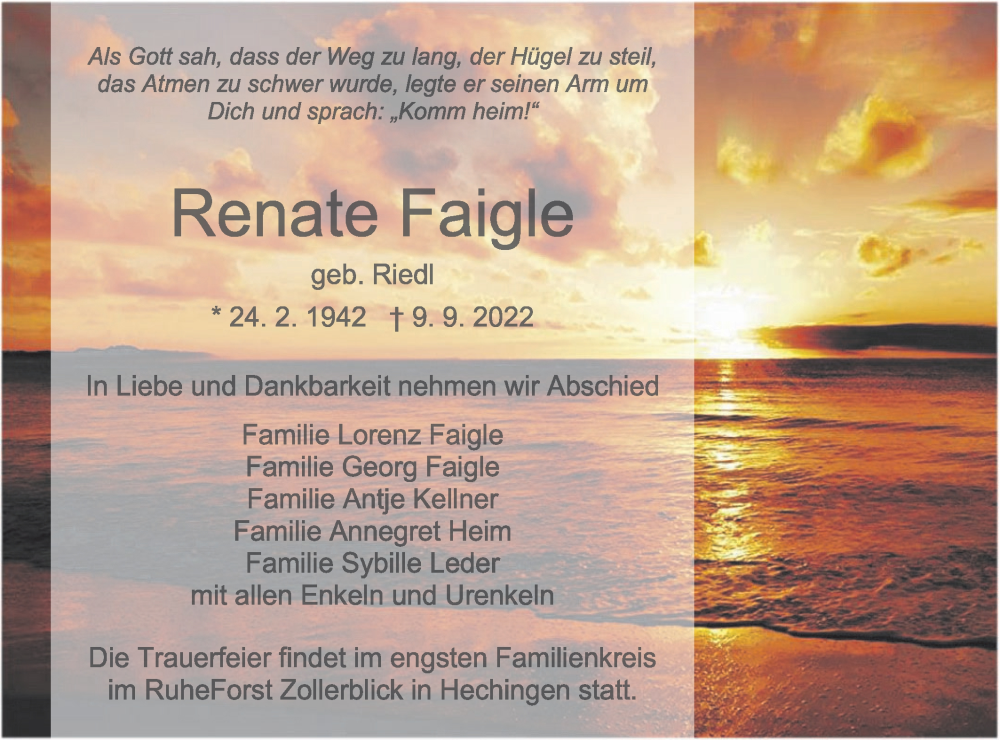  Traueranzeige für Renate Faigle vom 17.09.2022 aus Metzinger-Uracher Volksblatt