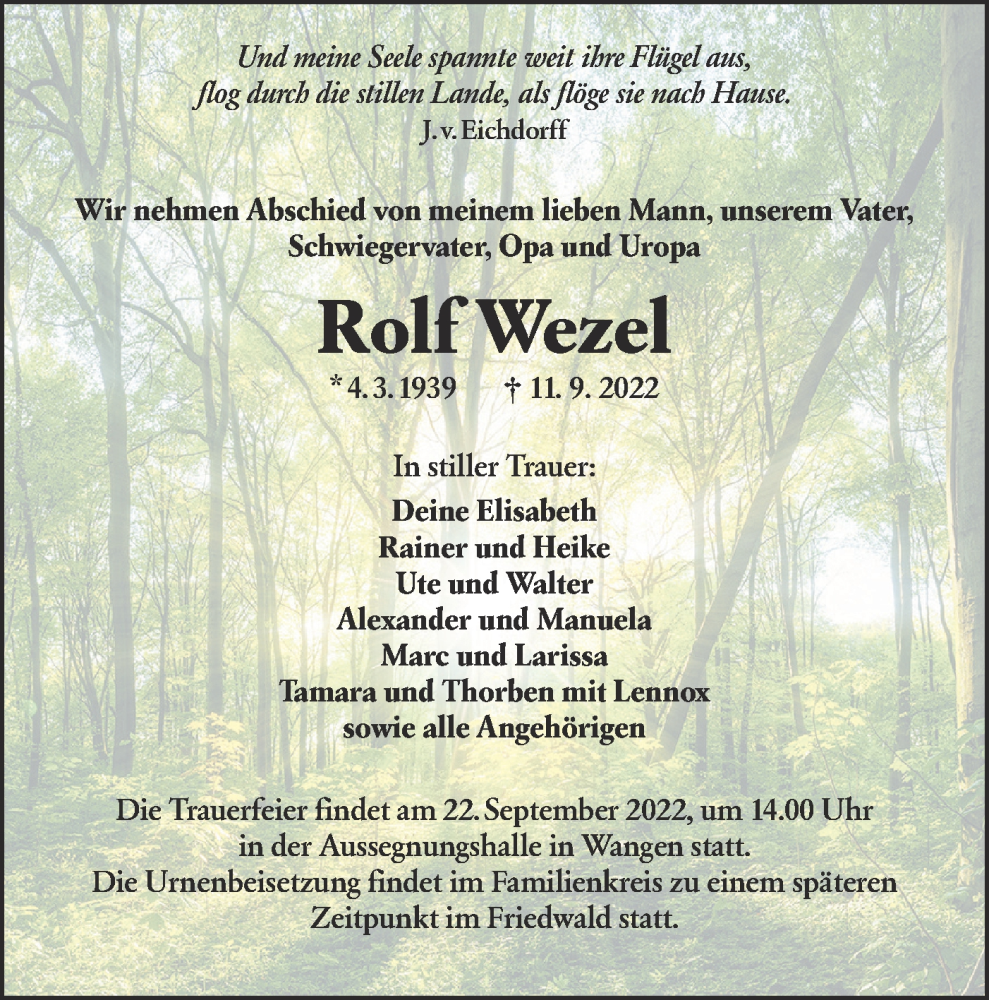  Traueranzeige für Rolf Wezel vom 17.09.2022 aus NWZ Neue Württembergische Zeitung