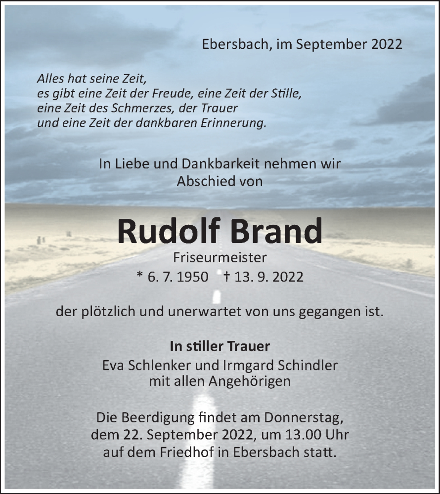  Traueranzeige für Rudolf Brand vom 17.09.2022 aus NWZ Neue Württembergische Zeitung