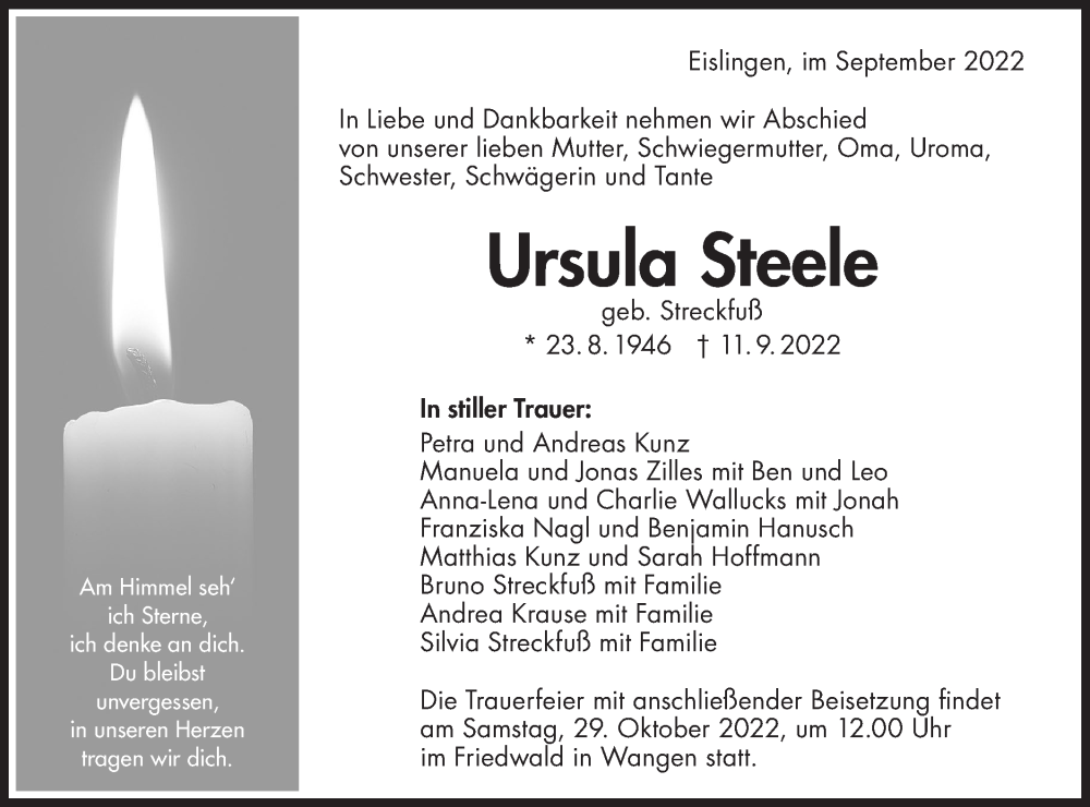  Traueranzeige für Ursula Steele vom 17.09.2022 aus NWZ Neue Württembergische Zeitung