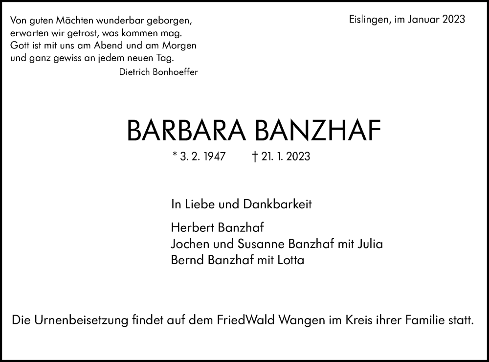 Traueranzeige für Barbara Banzhaf vom 26.01.2023 aus NWZ Neue Württembergische Zeitung