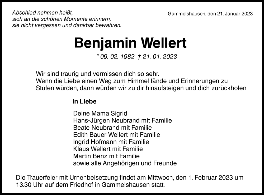  Traueranzeige für Benjamin Wellert vom 26.01.2023 aus NWZ Neue Württembergische Zeitung