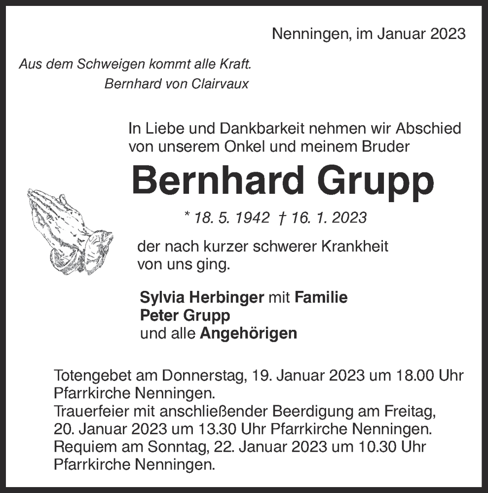  Traueranzeige für Bernhard Grupp vom 18.01.2023 aus NWZ Neue Württembergische Zeitung