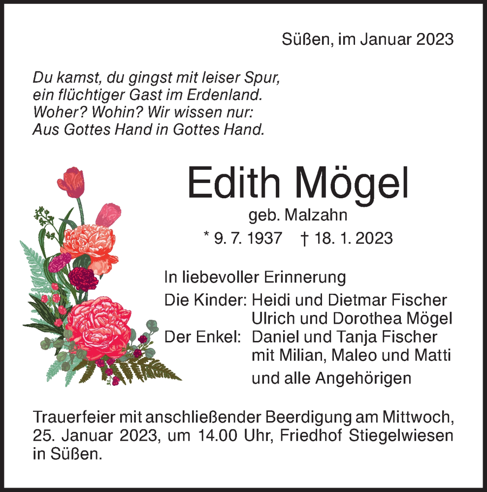  Traueranzeige für Edith Mögel vom 20.01.2023 aus NWZ Neue Württembergische Zeitung