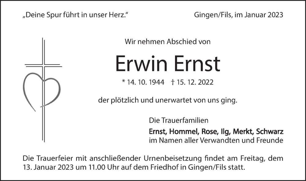  Traueranzeige für Erwin Ernst vom 05.01.2023 aus Geislinger Zeitung