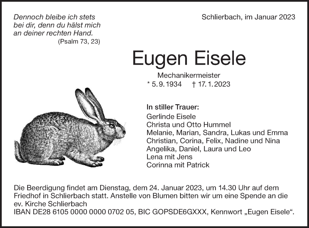  Traueranzeige für Eugen Eisele vom 21.01.2023 aus NWZ Neue Württembergische Zeitung