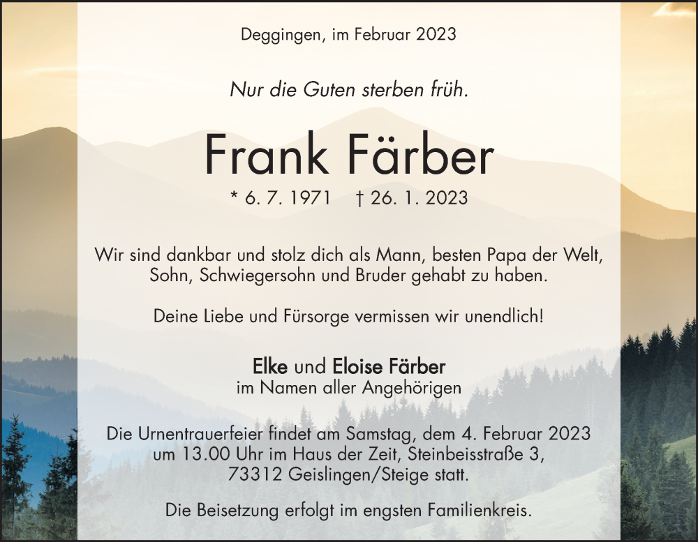  Traueranzeige für Frank Färber vom 01.02.2023 aus Geislinger Zeitung