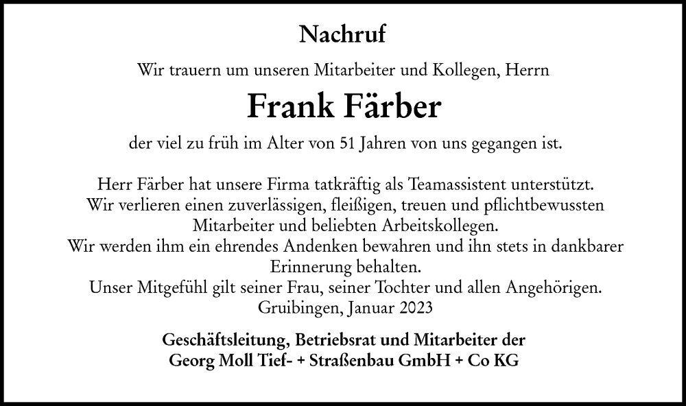  Traueranzeige für Frank Färber vom 01.02.2023 aus NWZ Neue Württembergische Zeitung/Geislinger Zeitung