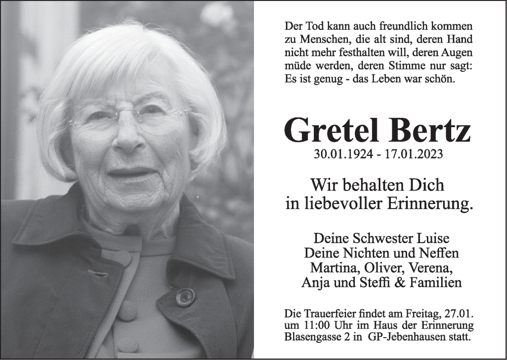  Traueranzeige für Gretel Bertz vom 23.01.2023 aus NWZ Neue Württembergische Zeitung