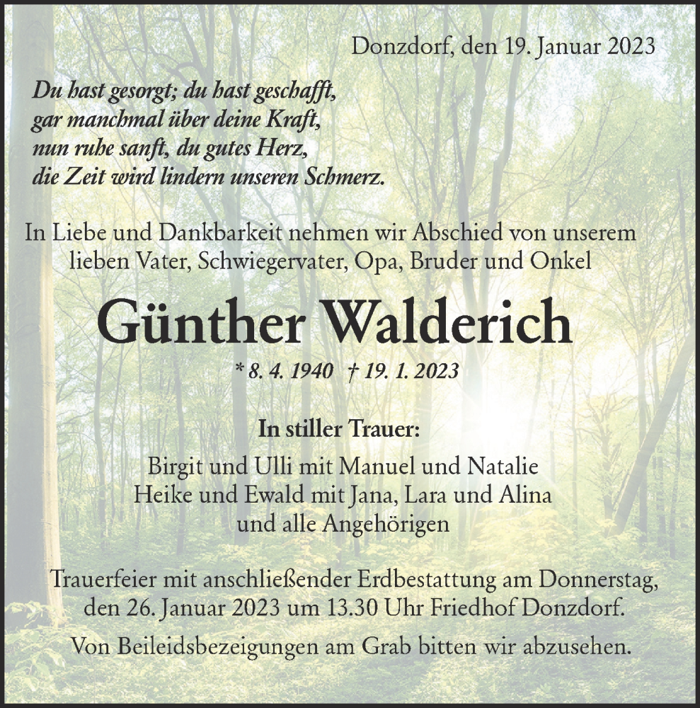  Traueranzeige für Günther Walderich vom 21.01.2023 aus NWZ Neue Württembergische Zeitung