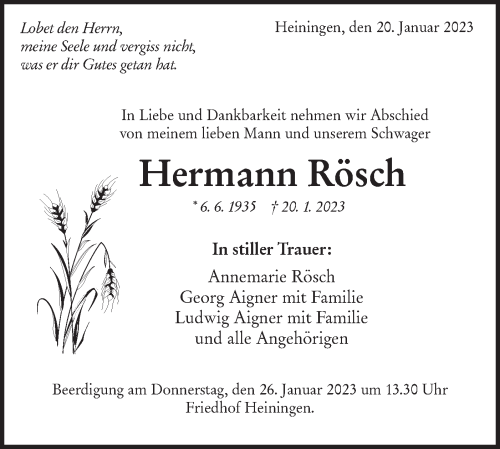  Traueranzeige für Hermann Rösch vom 24.01.2023 aus NWZ Neue Württembergische Zeitung