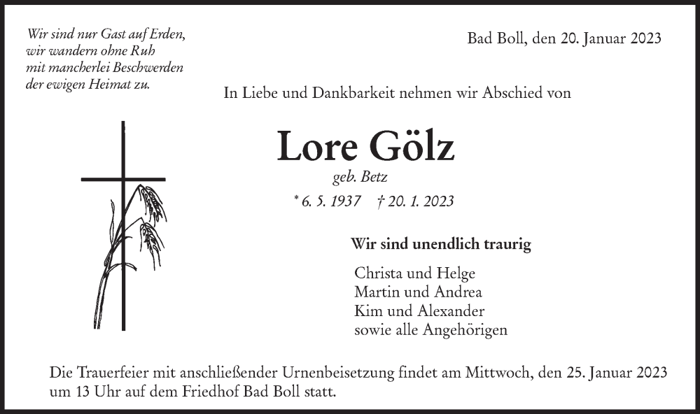  Traueranzeige für Lore Gölz vom 24.01.2023 aus NWZ Neue Württembergische Zeitung