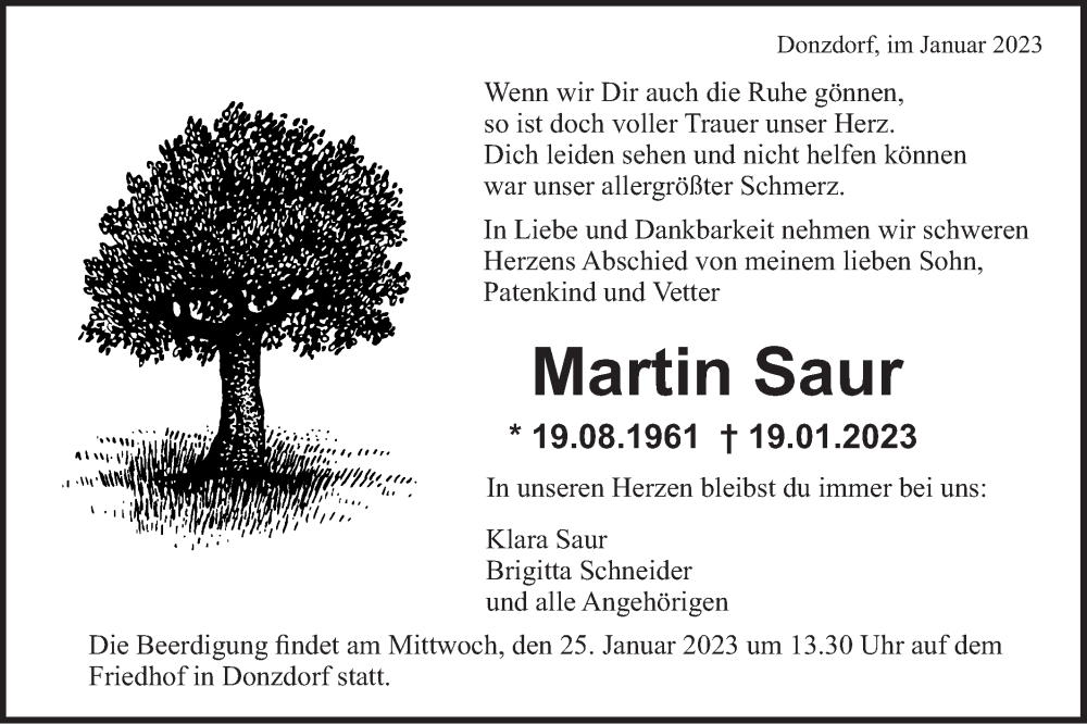  Traueranzeige für Martin Saur vom 21.01.2023 aus NWZ Neue Württembergische Zeitung