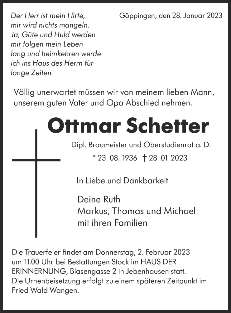  Traueranzeige für Ottmar Schetter vom 31.01.2023 aus NWZ Neue Württembergische Zeitung