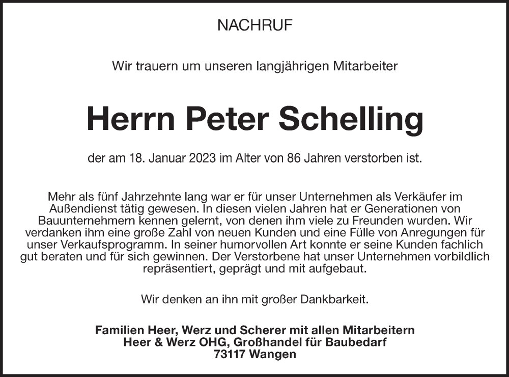 Traueranzeige für Peter Schelling vom 21.01.2023 aus NWZ Neue Württembergische Zeitung