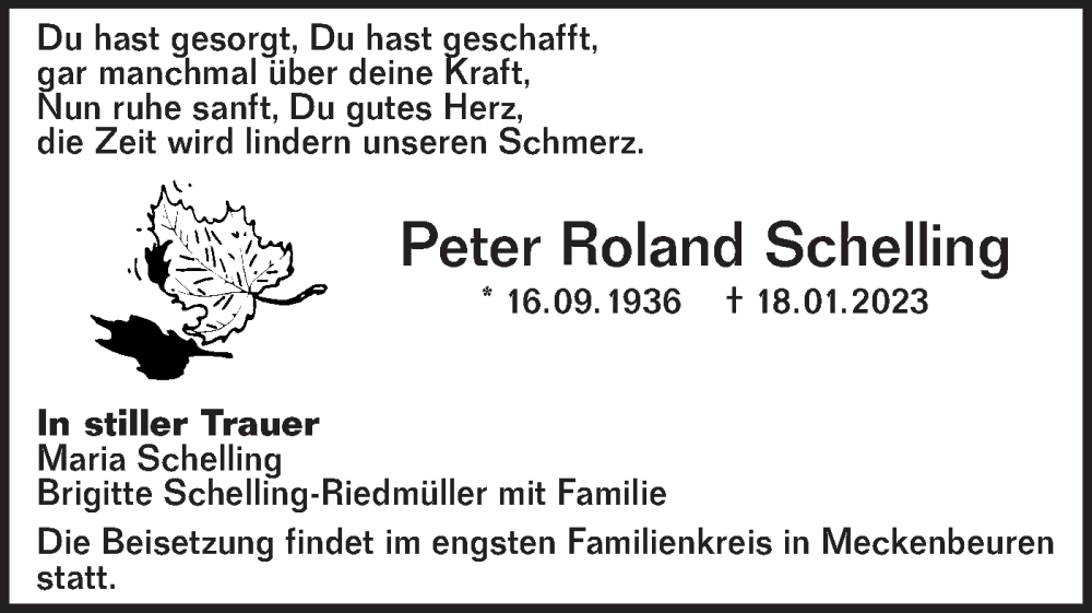  Traueranzeige für Peter Roland Schelling vom 21.01.2023 aus NWZ Neue Württembergische Zeitung
